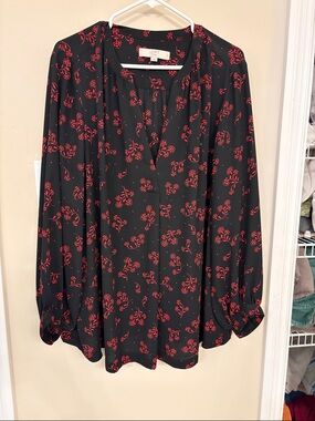 LOFT Black Blouse with Red Floral Print